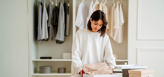 Calm woman packing clothing in the boxes